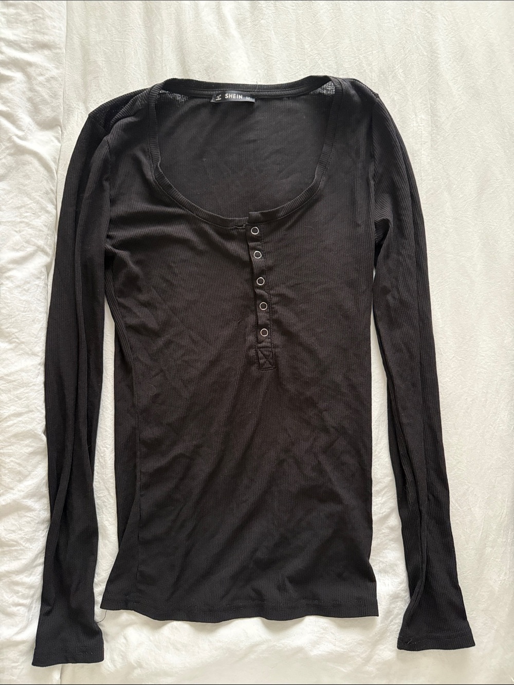 Shein Black Long-Sleeve Henley Ribbed Top